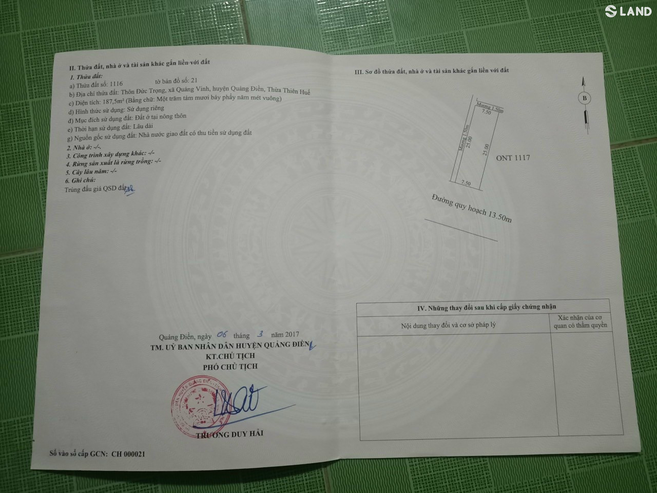 Đất hai mặt thoáng kẹp mương thôn Đức Trọng, Quảng Vinh, Quảng Điền